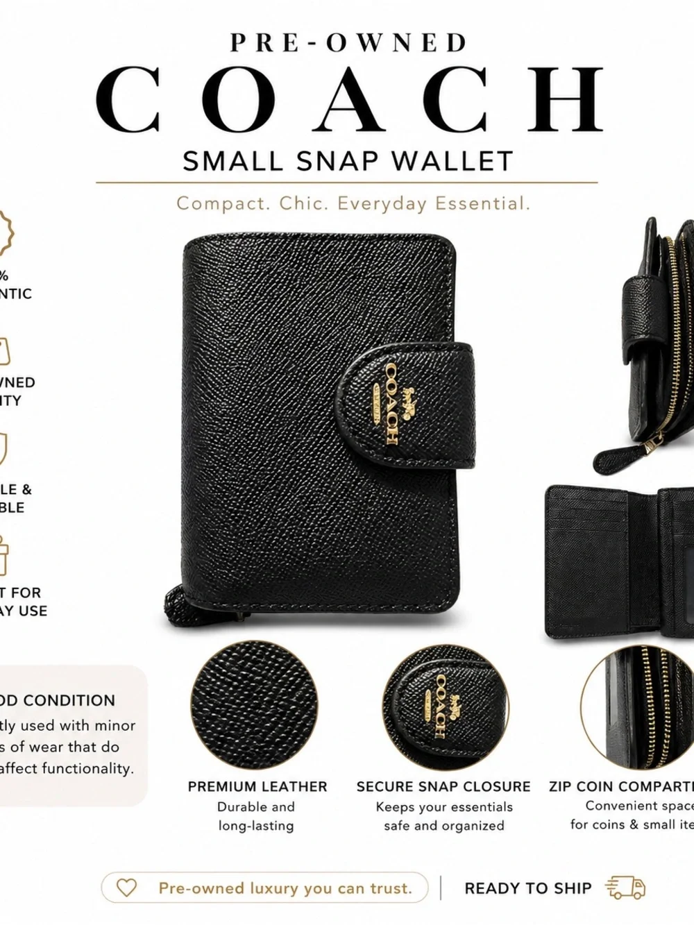 pre owned COACH Small Snap Wallet - Black